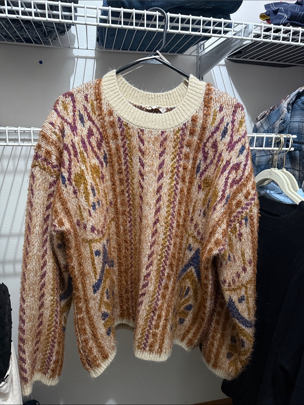 Cozy Multicolor Patterned Crewneck Sweater - Cream Base